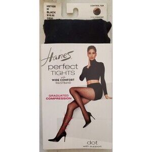 Hanes Perfect Tights With Compression Dot And Control Top Black MEDIUM - NEW
